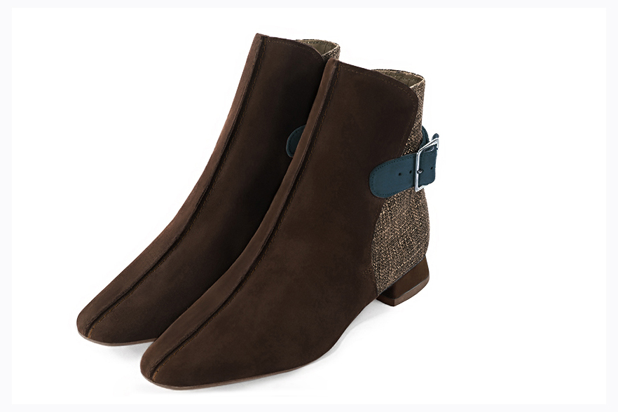 Dark brown and peacock blue women's ankle boots with buckles at the back. Square toe. Flat flare heels. Front view - Florence KOOIJMAN